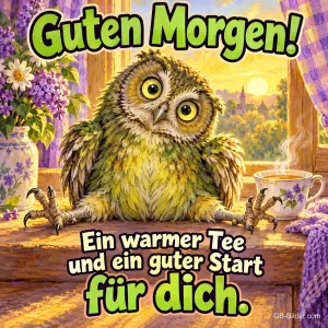 Zerzauste Eule sitzt breitbeinig am Fenster neben einer Teetasse, Text: Guten Morgen! Ein warmer Tee und ein guter Start für dich.