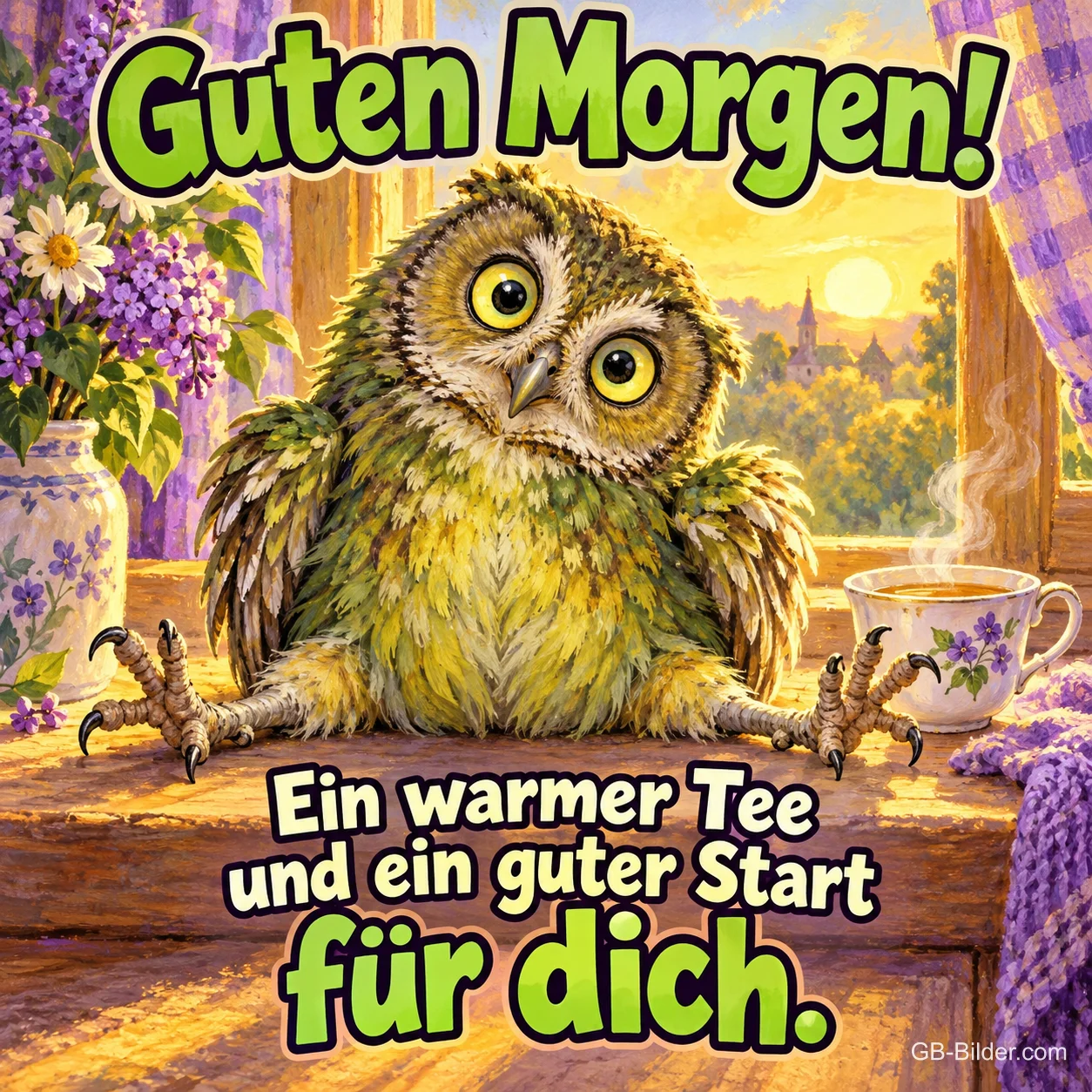 Zerzauste Eule sitzt breitbeinig am Fenster neben einer Teetasse, Text: Guten Morgen! Ein warmer Tee und ein guter Start für dich. Zerzauste Eule sitzt breitbeinig am Fenster neben einer Teetasse, Text: Guten Morgen! Ein warmer Tee und ein guter Start für dich.