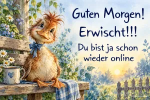 Zerzauste Ente auf der Bank, Text: Guten Morgen