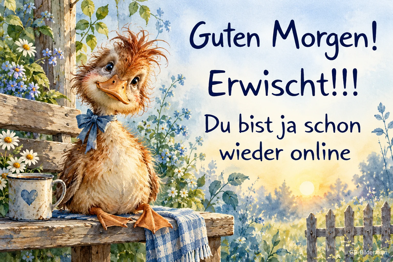 Zerzauste Ente auf der Bank, Text: Guten Morgen