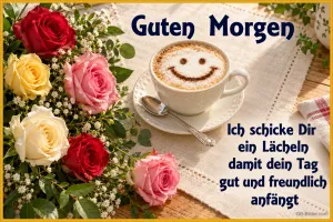 Cappuccino mit Smiley zwischen Rosen, Text: Guten Morgen