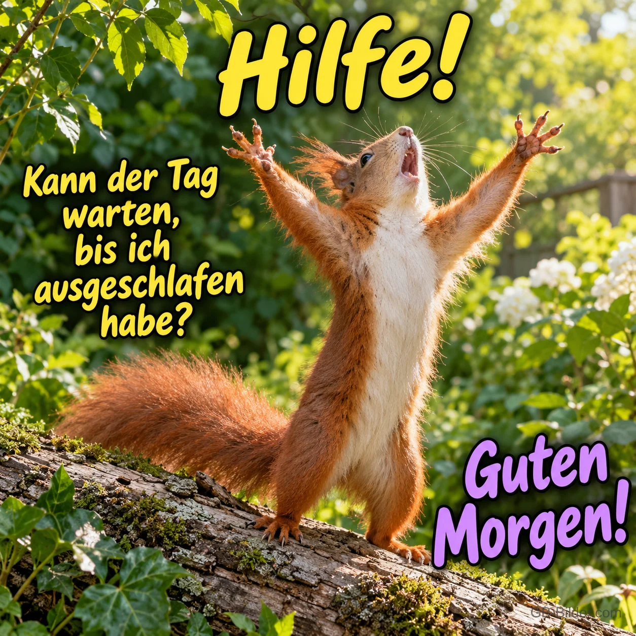Eichhörnchen reißt verzweifelt die Arme hoch auf einem Baumstamm, Text: Hilfe! Kann der Tag warten, bis ich ausgeschlafen habe? Guten Morgen!