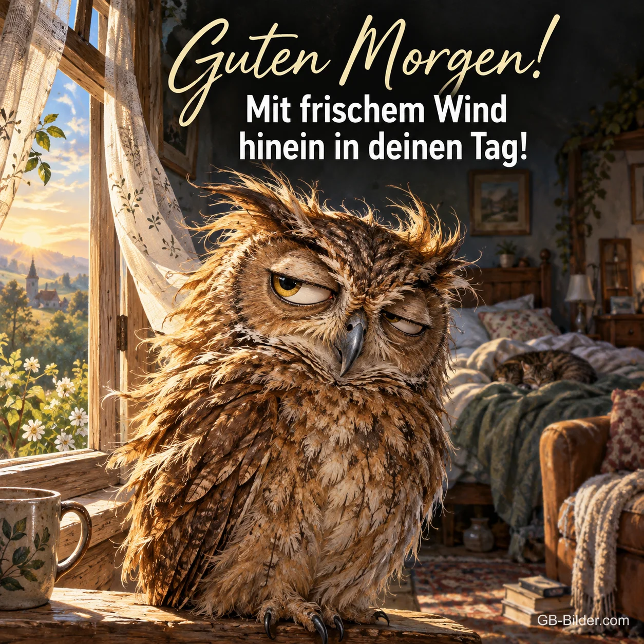 Zerzauste Eule mit halb geschlossenen Augen am offenen Fenster, Text: Guten Morgen! Mit frischem Wind hinein in deinen Tag! Zerzauste Eule mit halb geschlossenen Augen am offenen Fenster, Text: Guten Morgen! Mit frischem Wind hinein in deinen Tag!