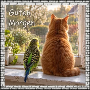 Wellensittich und Katze am Fenster, Text: Guten Morgen