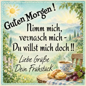 Frühstückstisch im Garten, lustiger Spruch, Text: Guten Morgen