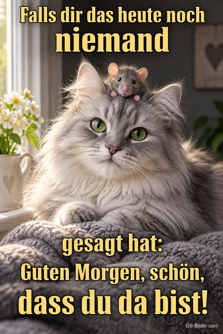 Katze mit Maus auf dem Kopf, Text: Falls dir das heute noch niemand gesagt hat: Guten Morgen, schön, dass