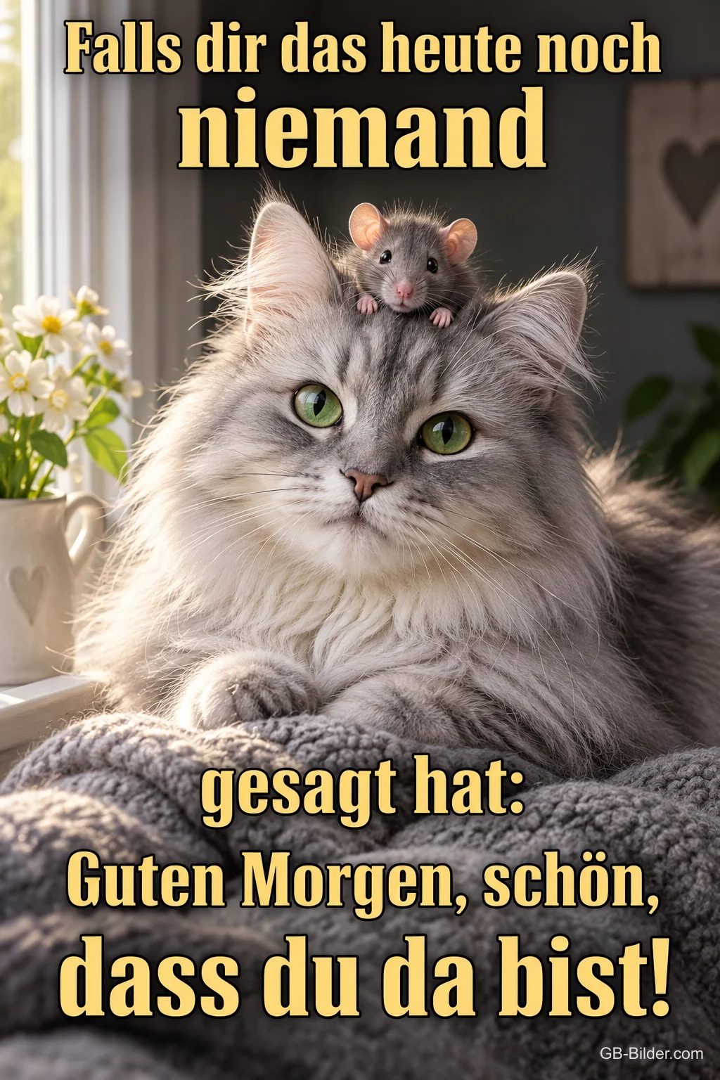 Katze mit Maus auf dem Kopf, Text: Falls dir das heute noch niemand gesagt hat: Guten Morgen, schön, dass