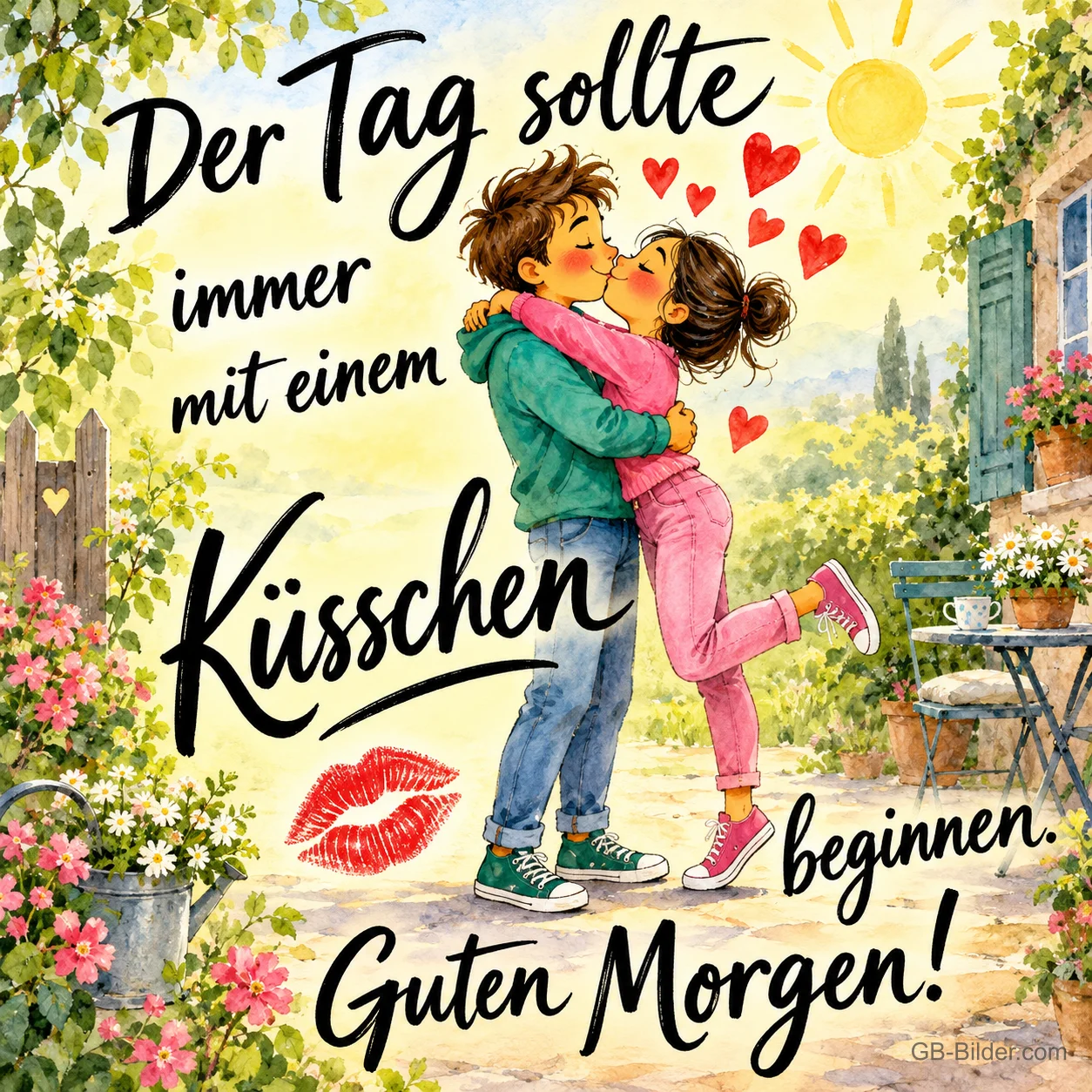 Junges Paar küsst sich im Garten zwischen Herzen, Text: Der Tag sollte immer mit einem Küsschen beginnen. Guten Morgen!