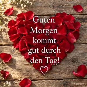 Herz aus Rosenblättern, Text: Guten Morgen kommt gut durch den Tag
