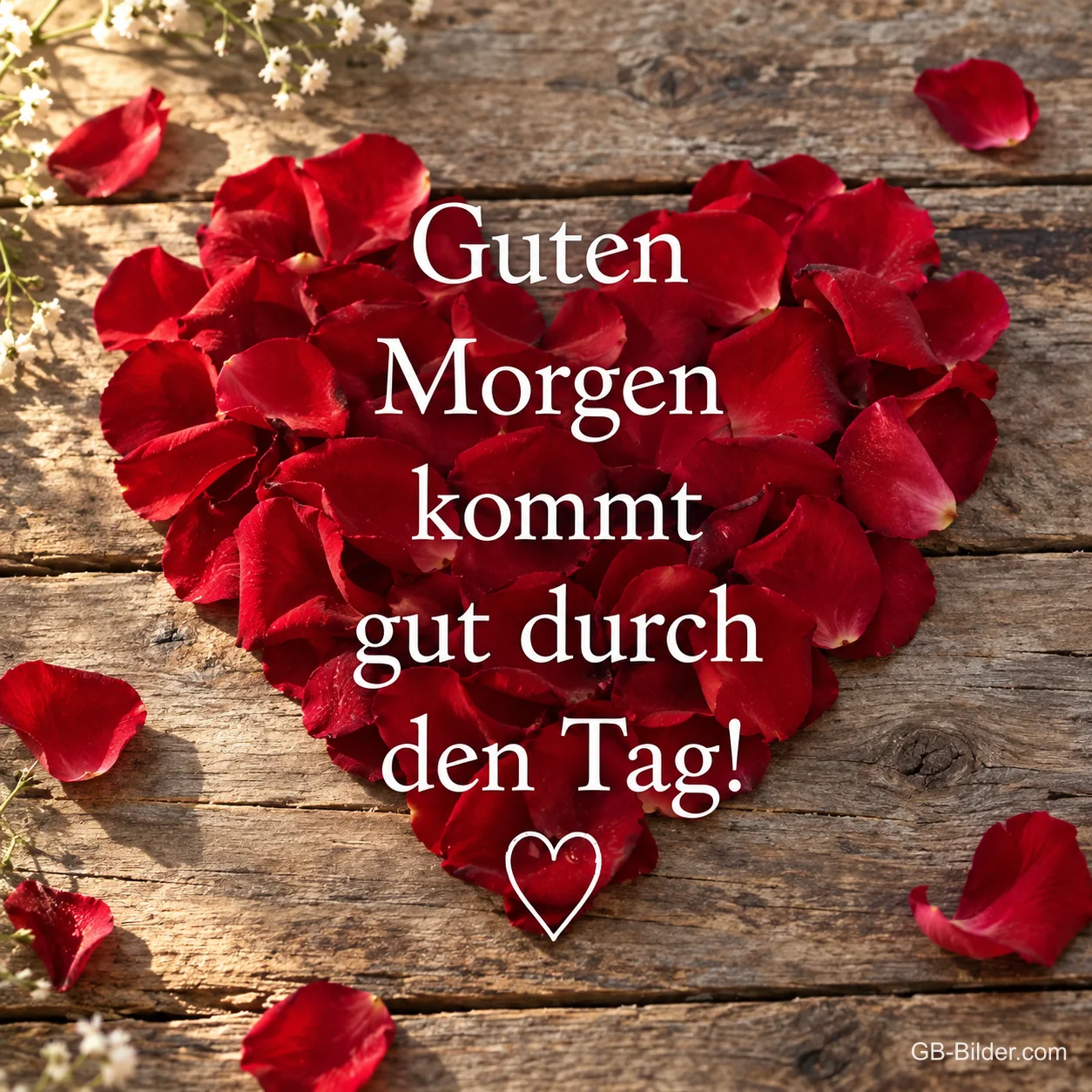 Herz aus Rosenblättern, Text: Guten Morgen kommt gut durch den Tag