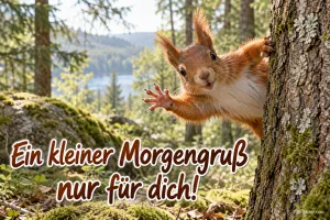 Eichhörnchen schaut winkend hinter einem Baumstamm hervor, Text: Ein kleiner Morgengruß nur für dich!