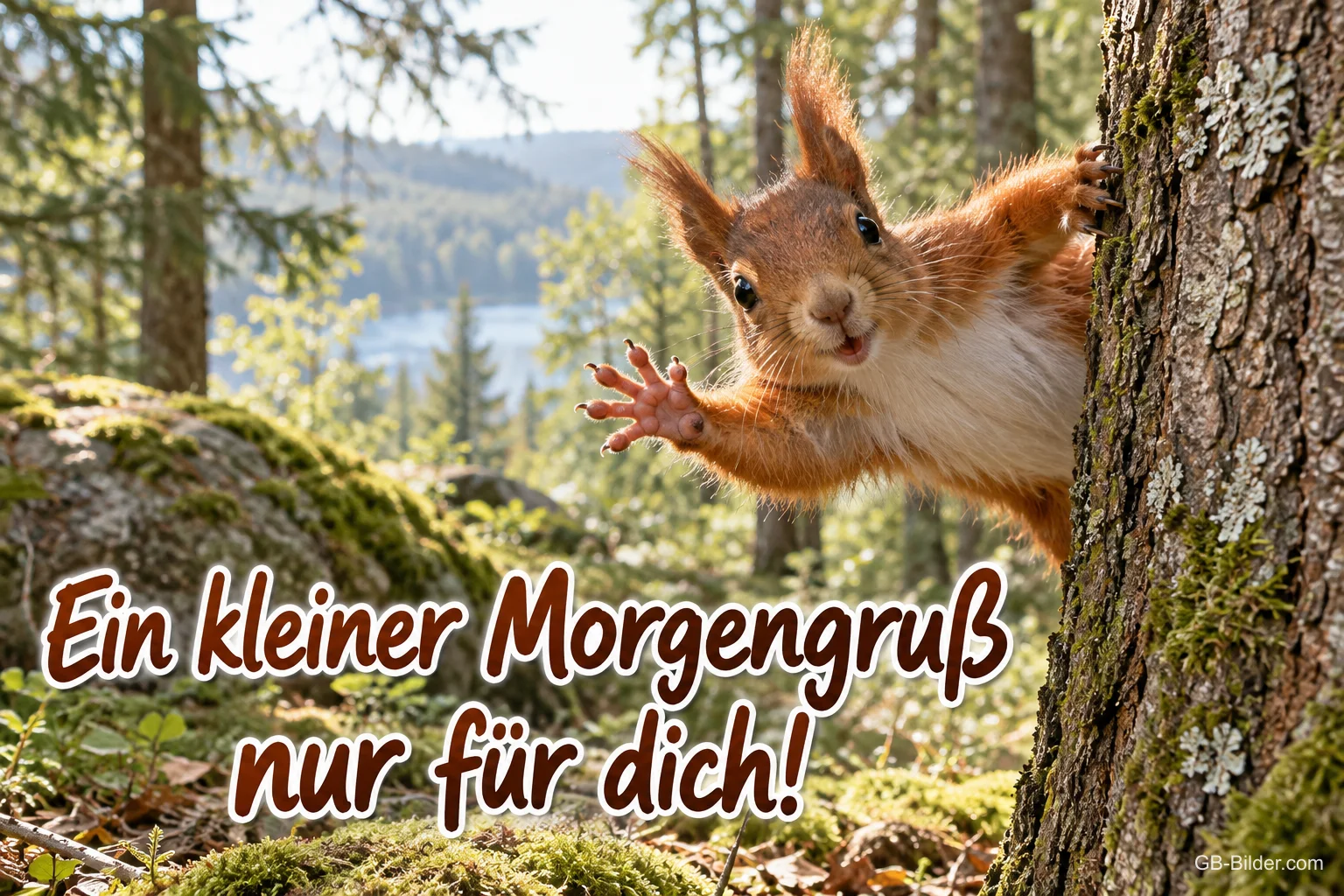 Eichhörnchen schaut winkend hinter einem Baumstamm hervor, Text: Ein kleiner Morgengruß nur für dich!