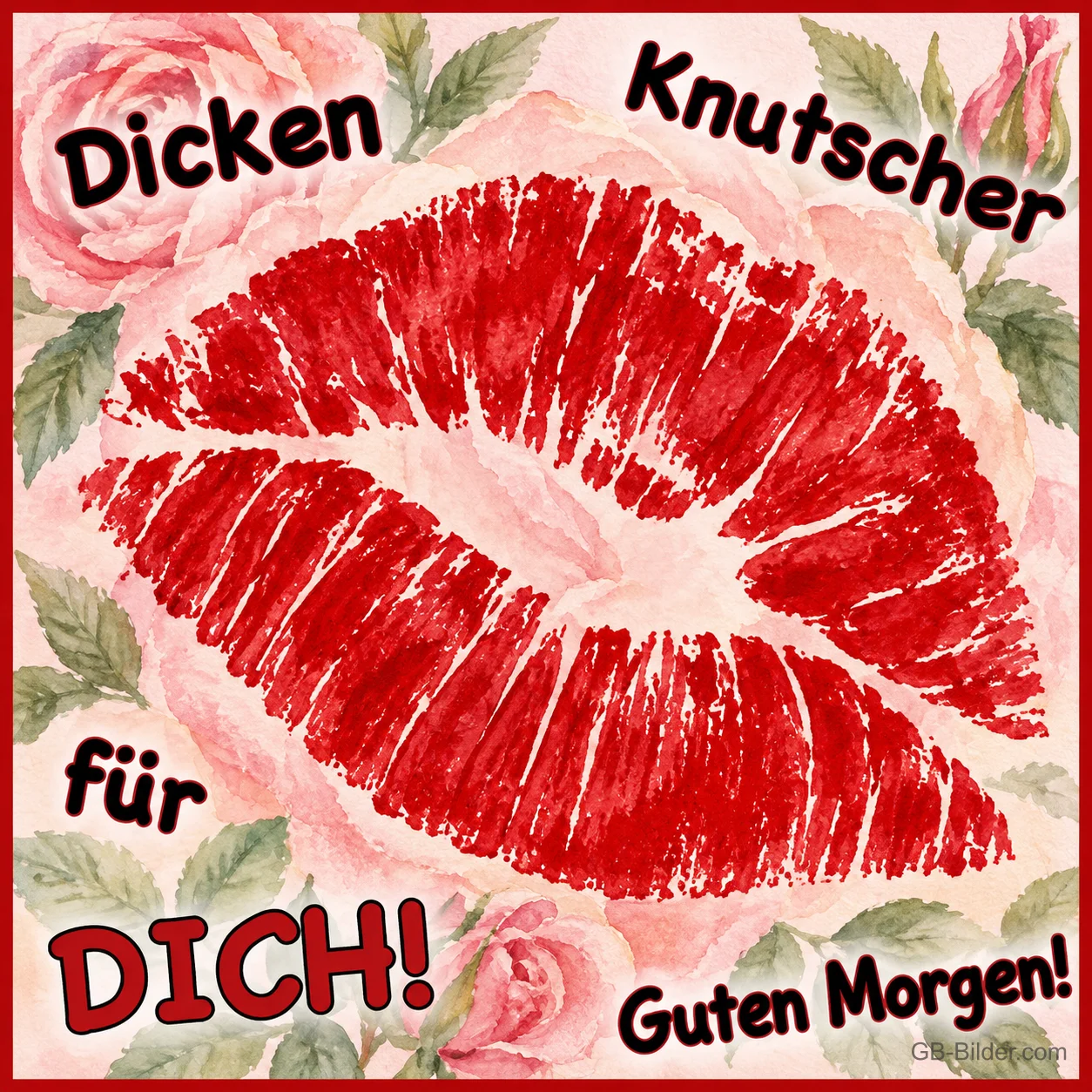 Roter Kussmund zwischen Rosen, Text: Dicken Knutscher für DICH
