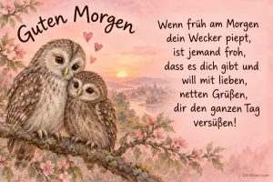 Zwei kuschelnde Eulen, Text: Guten Morgen