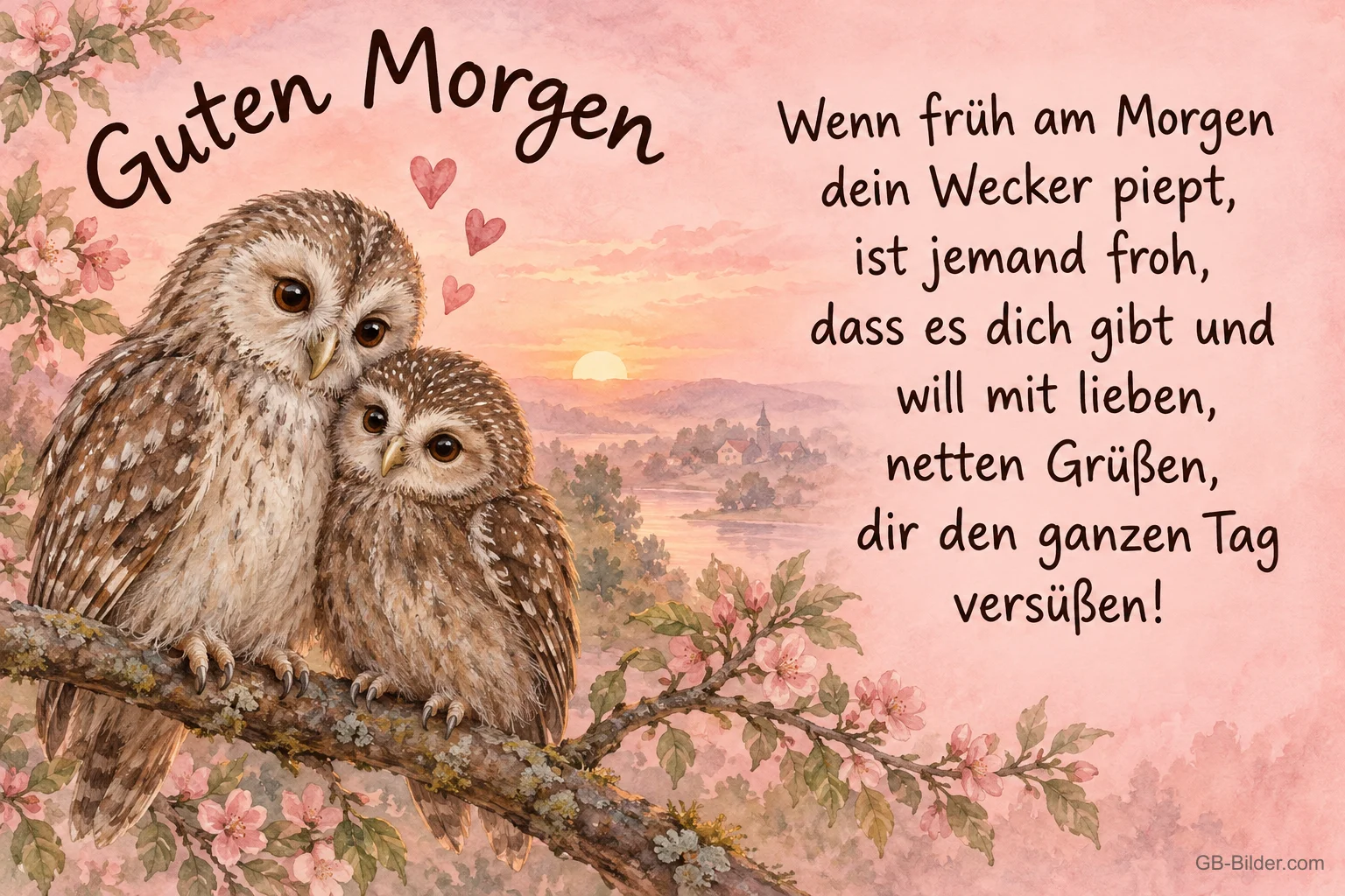 Zwei kuschelnde Eulen, Text: Guten Morgen