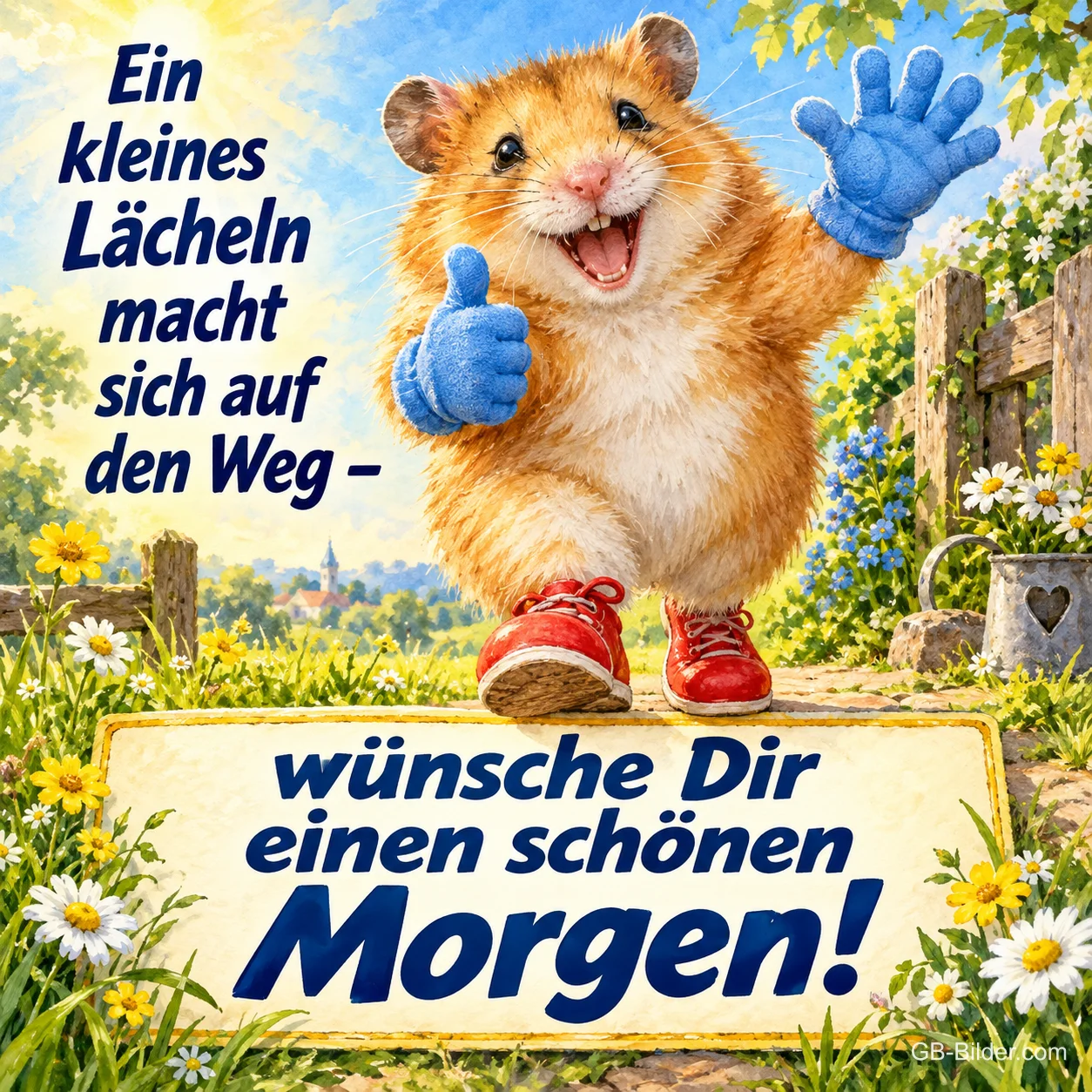 Hamster mit blauen Handschuhen und roten Schuhen zeigt den Daumen hoch, Text: Ein kleines Lächeln macht sich auf den Weg – wünsche Dir einen schönen Morgen!