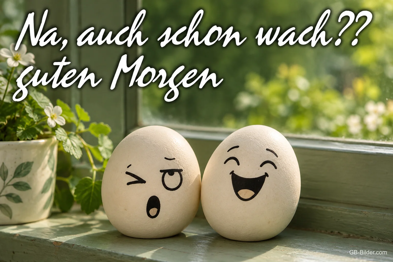 Eier mit Gesichtern, Text: Na, auch schon wach