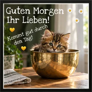 Kätzchen in der Schüssel, Text: Guten Morgen Ihr Lieben