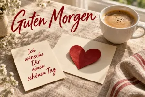 Karte und Herz neben Kaffee, Text: Guten Morgen