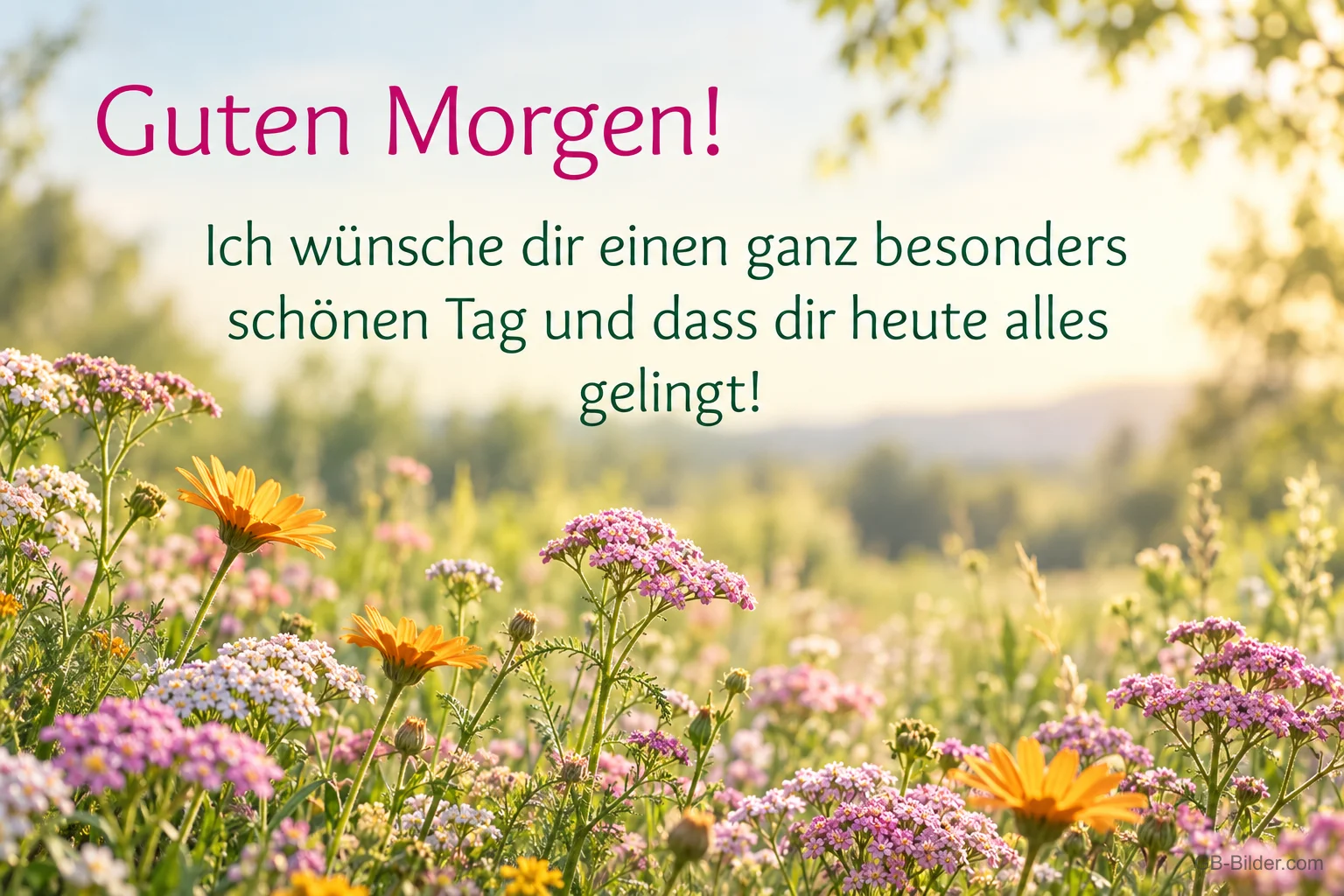 Sommerwiese im Morgenlicht, Text: Guten Morgen