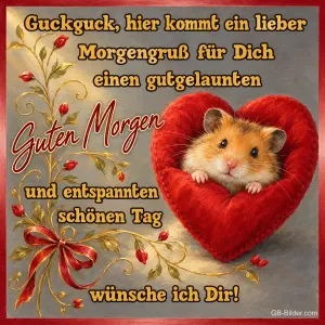 Hamster im Stoffherz, Text: Guckguck, hier kommt ein lieber Morgengruß für Dich