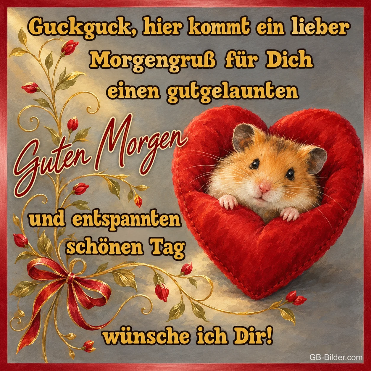 Hamster im Stoffherz, Text: Guckguck, hier kommt ein lieber Morgengruß für Dich
