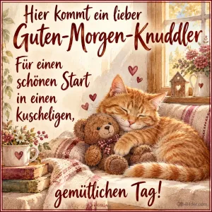 Katze kuschelt mit Teddy, Text: Hier kommt ein lieber Guten-Morgen-Knuddler
