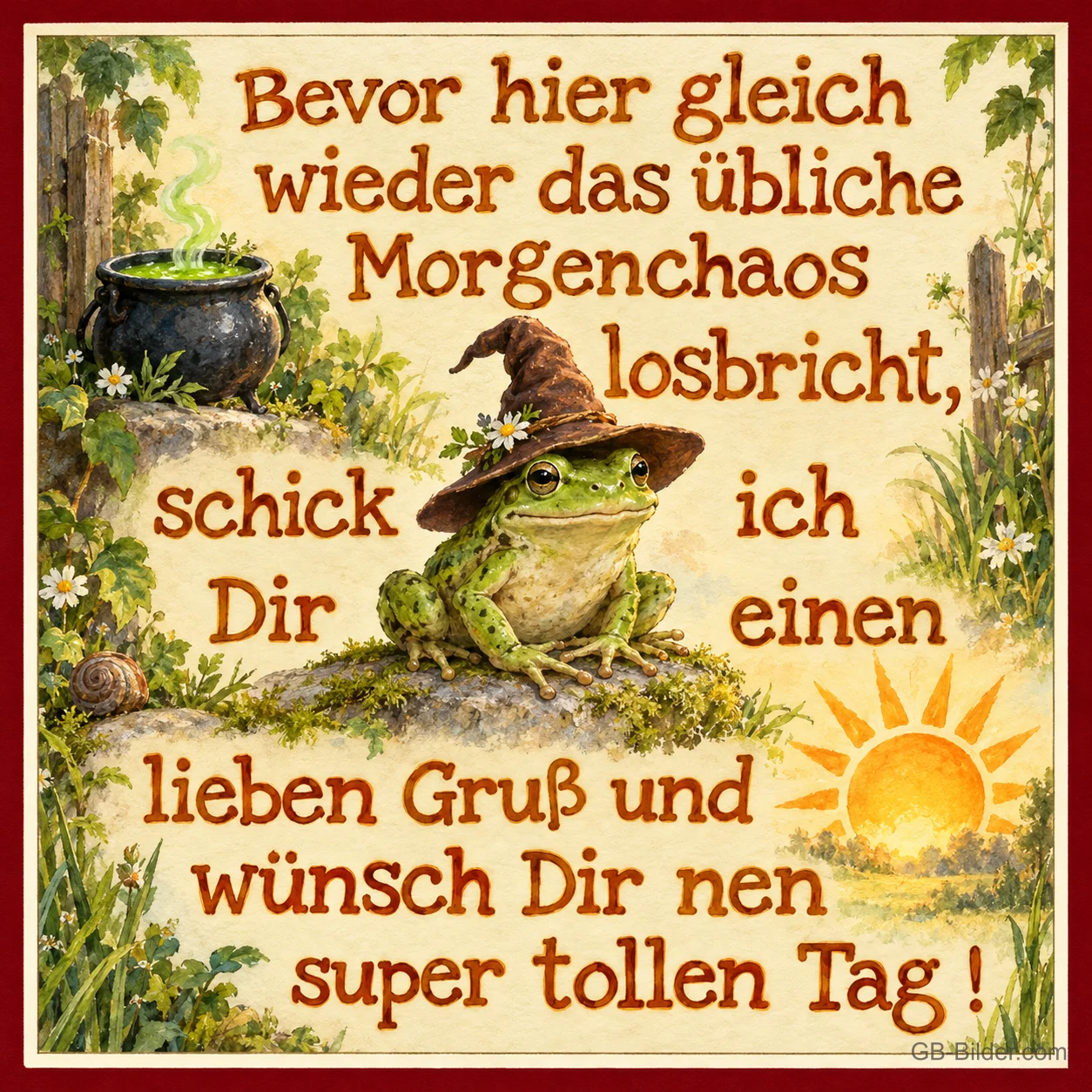 Frosch mit Hexenhut, Text: Bevor hier gleich wieder das übliche Morgenchaos losbricht, schick ich Frosch mit Hexenhut, Text: Bevor hier gleich wieder das übliche Morgenchaos losbricht, schick ich