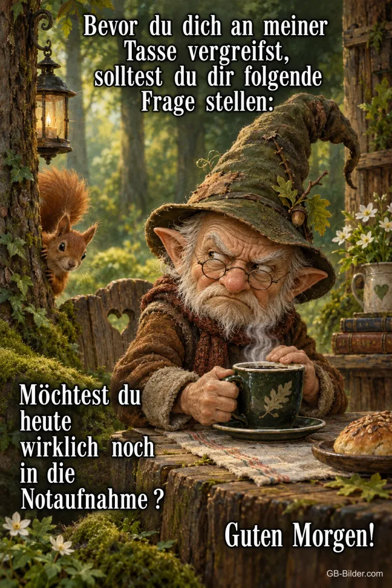 Grimmiger Wichtel mit Kaffee, lustiger Spruch, Text: Bevor du dich an meiner Tasse vergreifst, solltest du dir folgende Fra