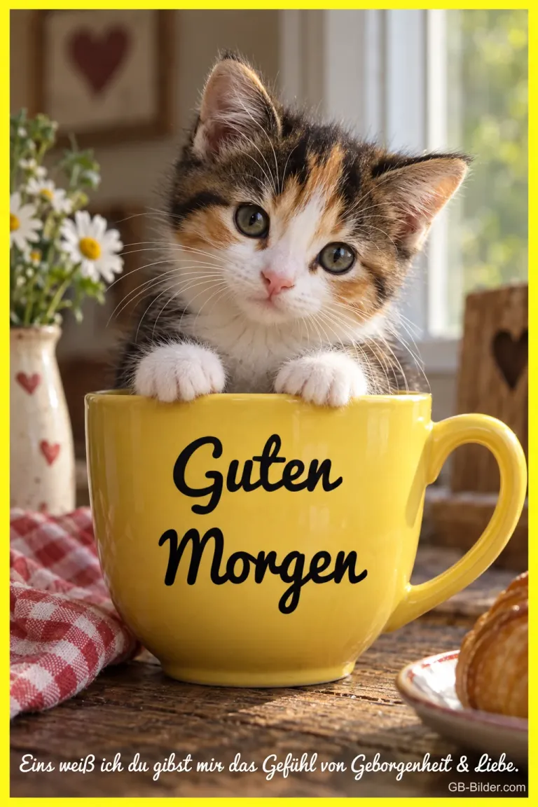 Kätzchen in der gelben Tasse, Text: Guten Morgen
