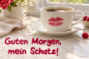 Kaffeetasse mit Kussmund, Text: Guten Morgen, mein Schatz