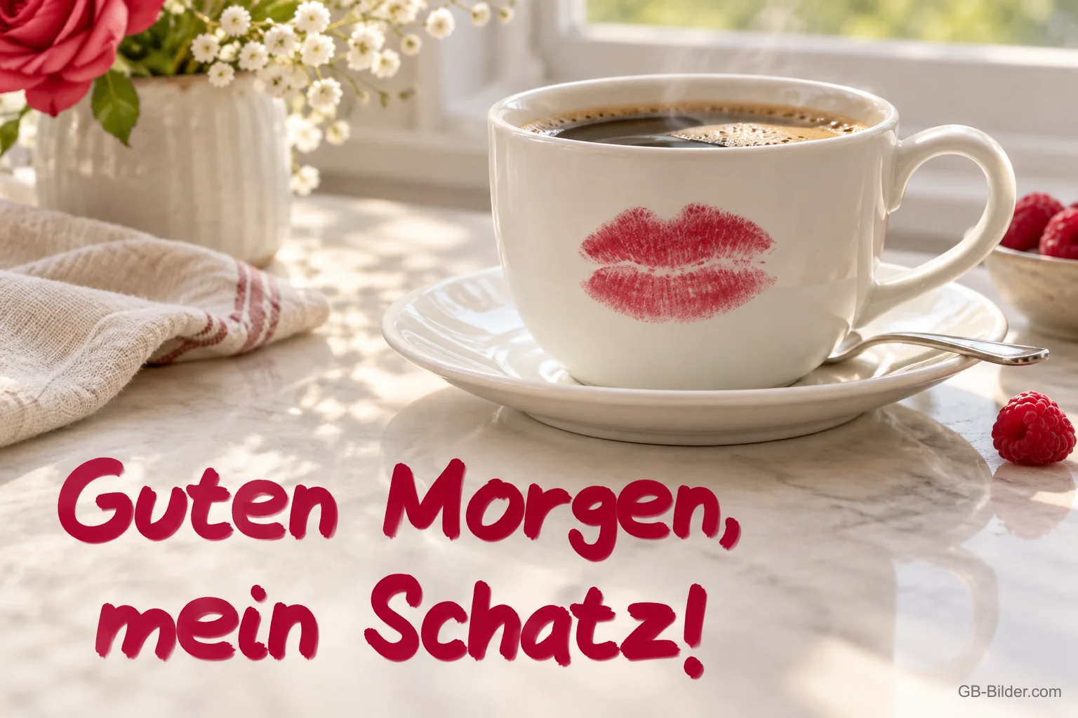 Kaffeetasse mit Kussmund, Text: Guten Morgen, mein Schatz