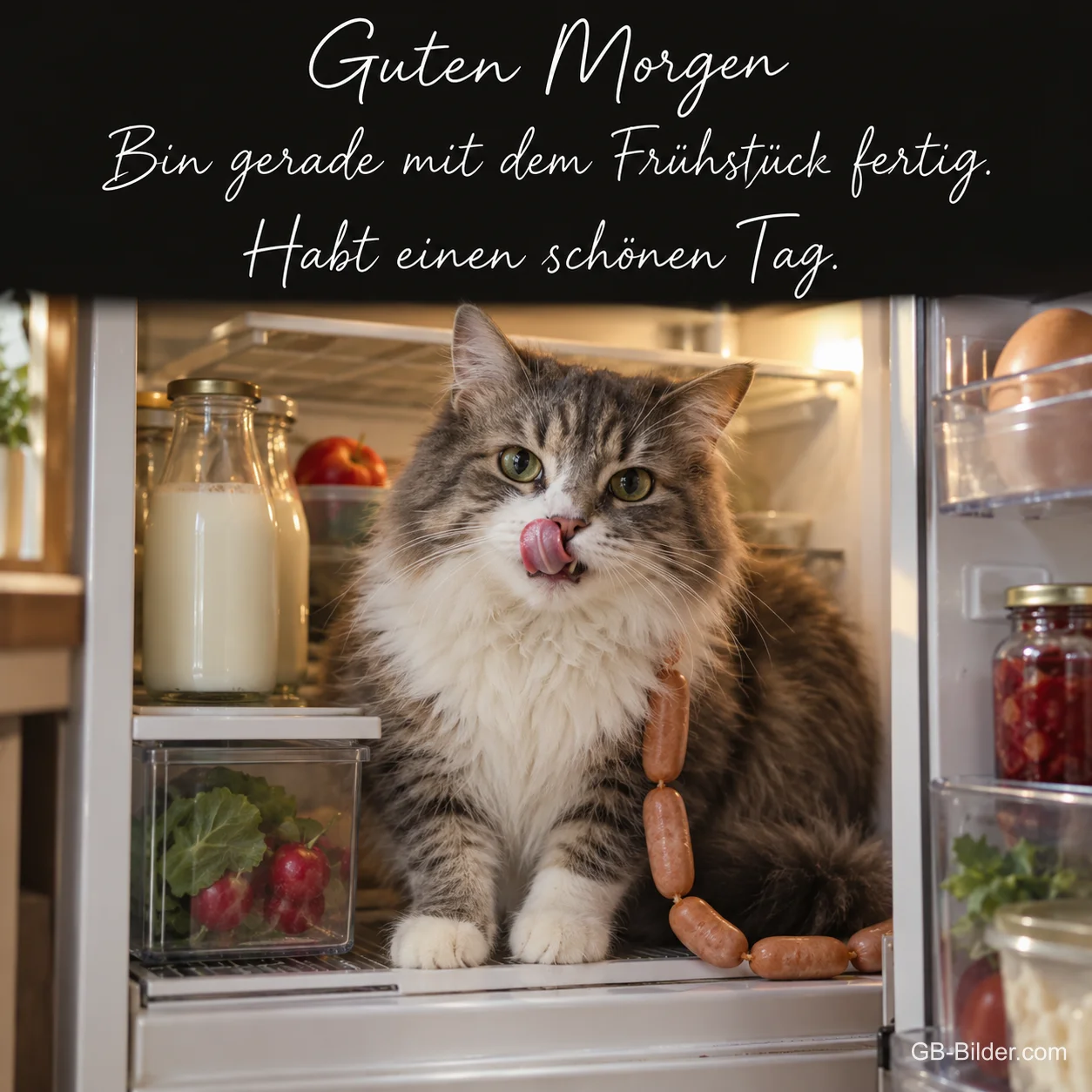 Katze im Kühlschrank, lustiger Spruch, Text: Guten Morgen Katze im Kühlschrank, lustiger Spruch, Text: Guten Morgen