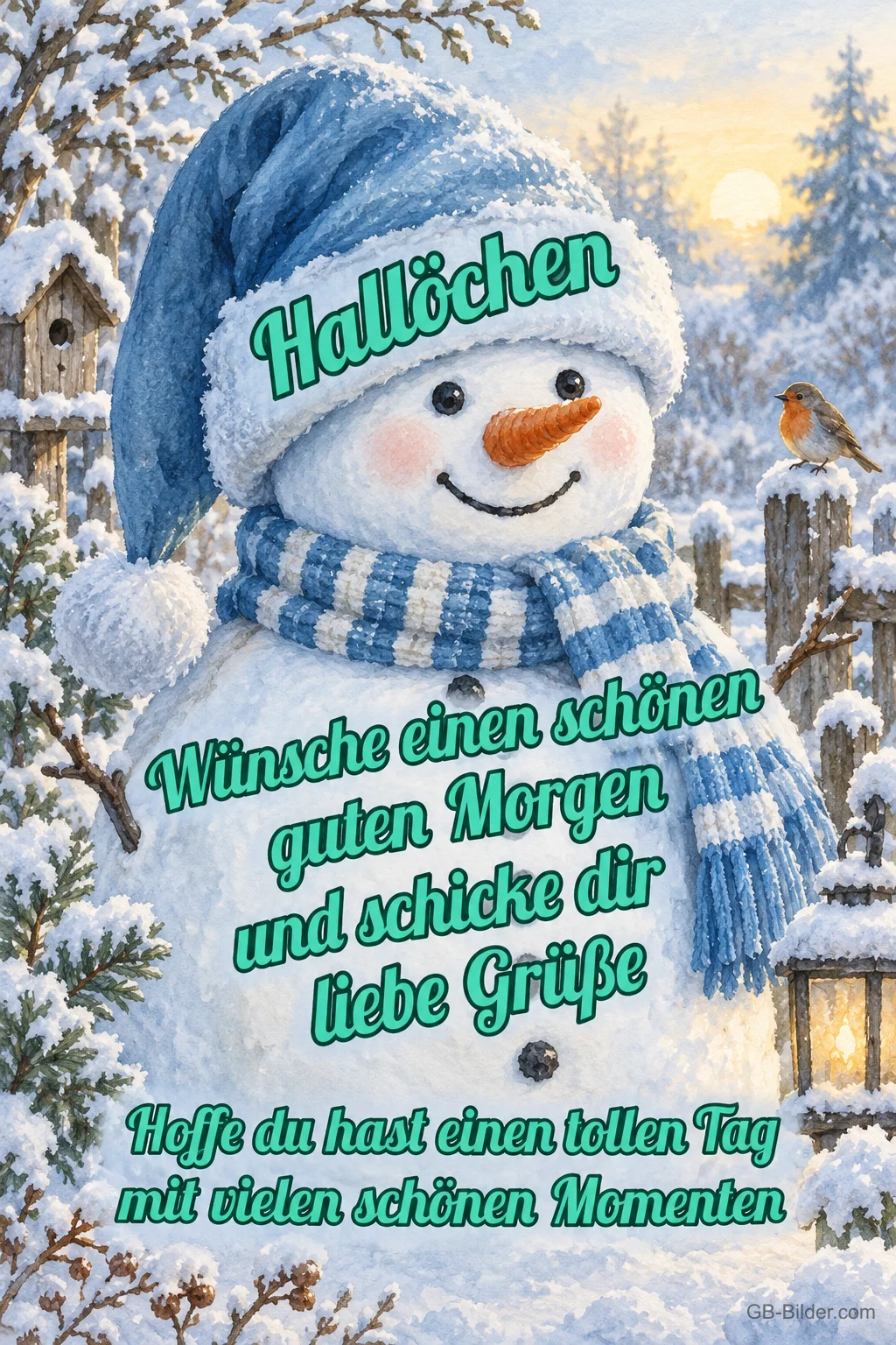 Schneemann mit Mütze, Text: Hallöchen