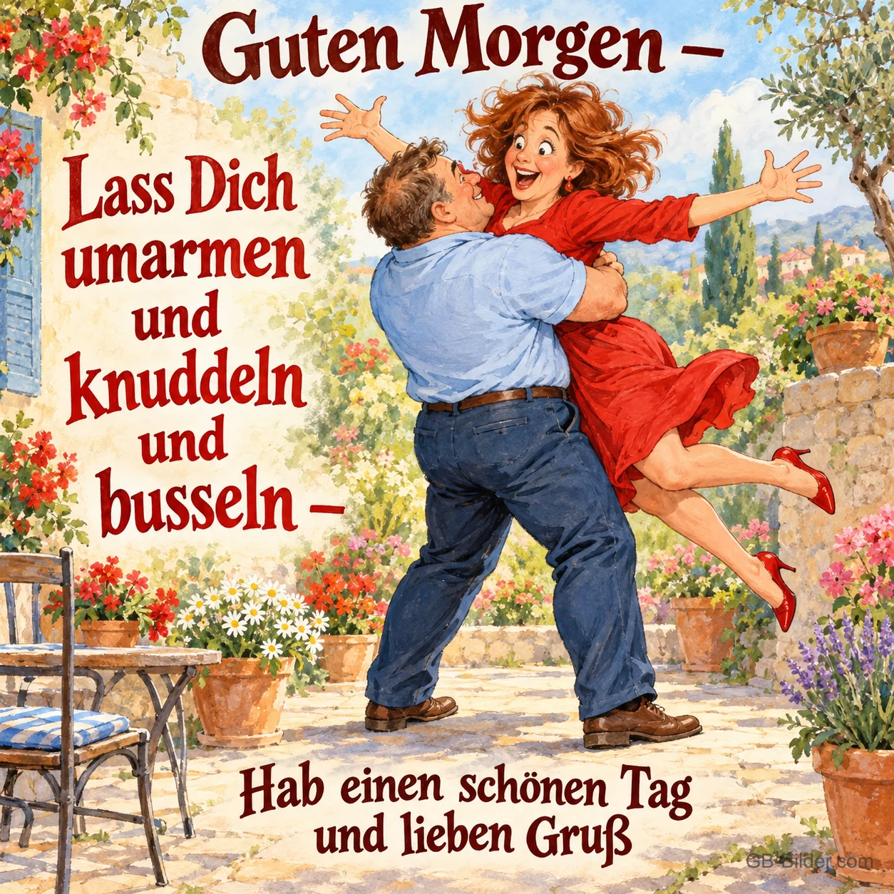 Frau springt einem Mann stürmisch in die Arme, Text: Guten Morgen – Lass Dich umarmen und knuddeln und busseln – Hab einen schönen Tag und lieben Gruß Frau springt einem Mann stürmisch in die Arme, Text: Guten Morgen – Lass Dich umarmen und knuddeln und busseln – Hab einen schönen Tag und lieben Gruß