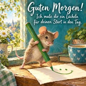Maus malt mit einem großen Stift ein Lächeln auf Papier, Text: Guten Morgen! Ich male dir ein Lächeln für deinen Start in den Tag.