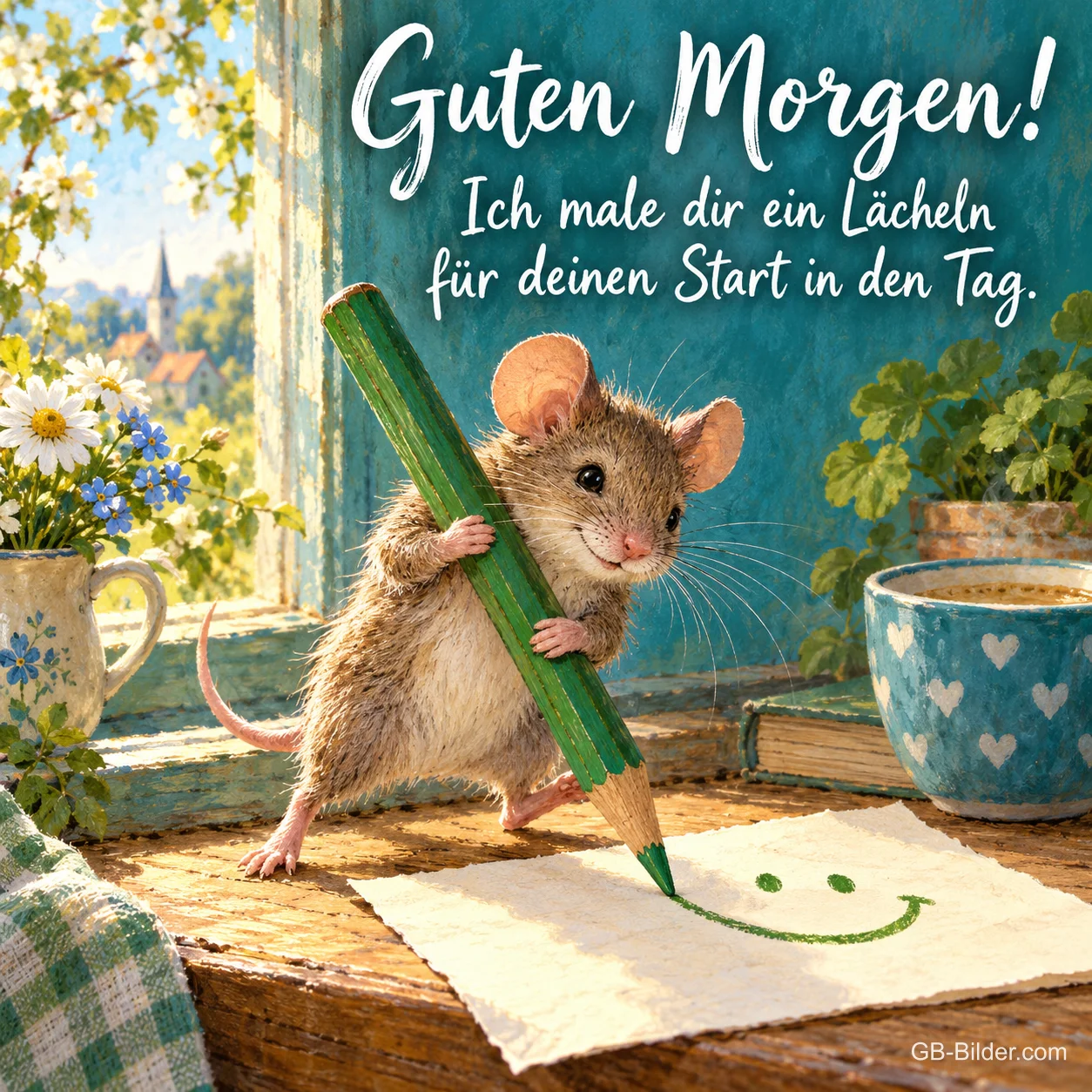 Maus malt mit einem großen Stift ein Lächeln auf Papier, Text: Guten Morgen! Ich male dir ein Lächeln für deinen Start in den Tag.