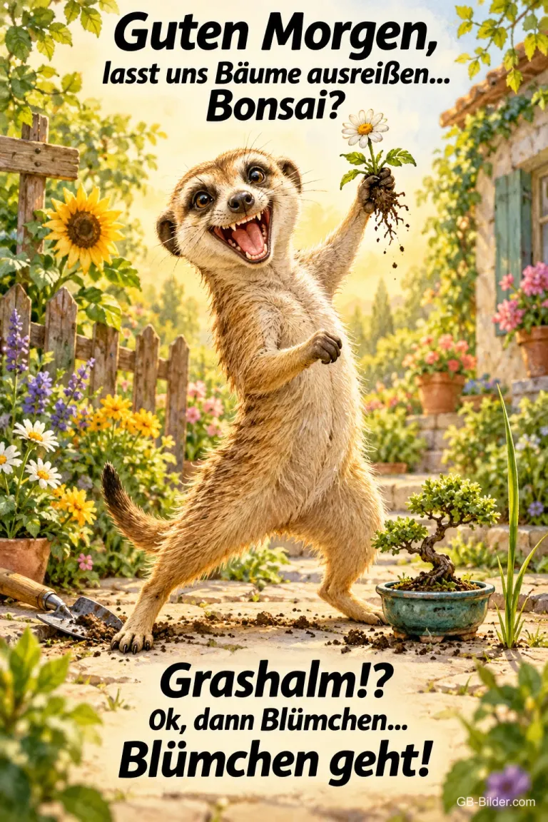 Erdmännchen reißt jubelnd ein Blümchen aus neben einem Bonsai, Text: Guten Morgen, lasst uns Bäume ausreißen... Bonsai? Grashalm!? Ok, dann Blümchen... Blümchen geht!