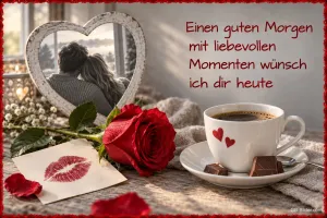 Kaffee mit Rose und Herzrahmen, Text: Einen guten Morgen mit liebevollen Momenten wünsch ich dir heute