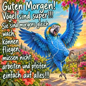 Blauer Ara mit Kopfhörern breitet jubelnd die Flügel zwischen Blüten aus, Text: Guten Morgen! Vögel sind super!!! Sie sind morgens gleich wach, können fliegen, müssen nicht arbeiten und pfeifen einfach auf alles!!!