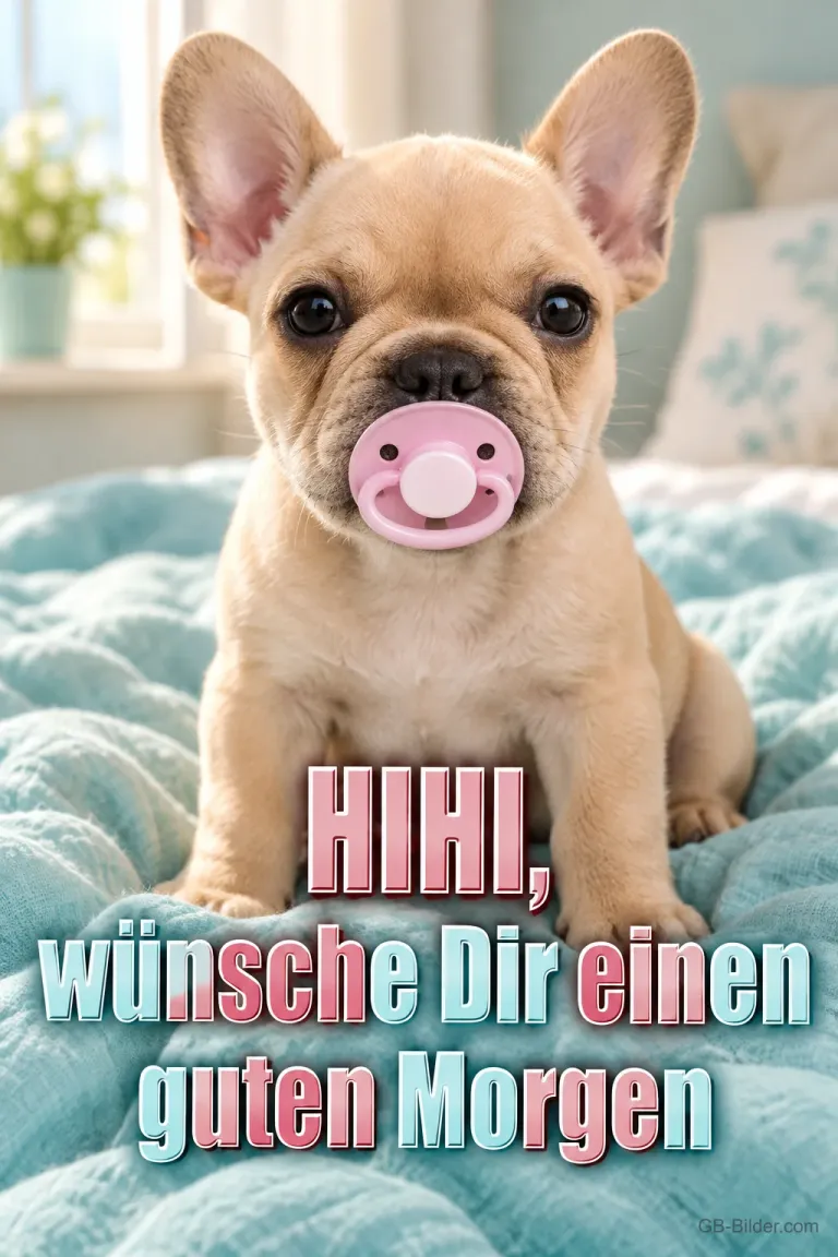 Welpe mit Schnuller, Text: HIHI, wünsche Dir einen guten Morgen