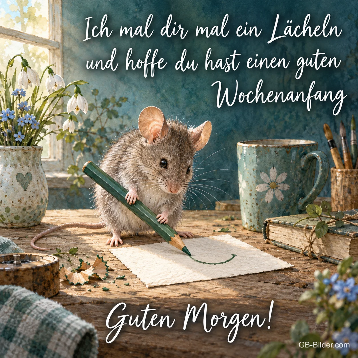 Maus malt ein Lächeln, Text: Ich mal dir mal ein Lächeln und hoffe du hast einen guten Wochenanfang