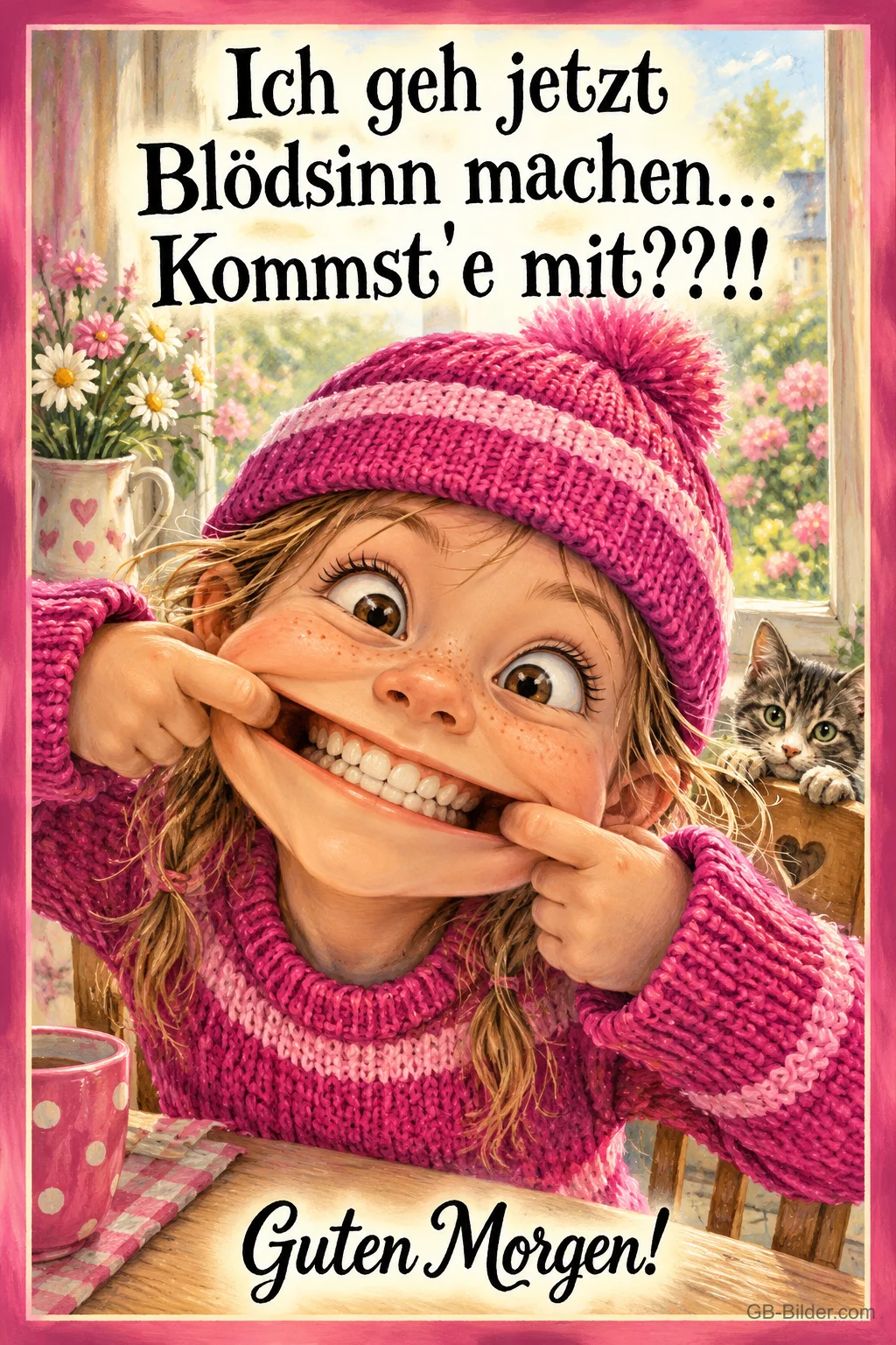 Mädchen mit Strickmütze zieht eine lustige Grimasse, Text: Ich geh jetzt Blödsinn machen... Kommst'e mit??!! Guten Morgen!