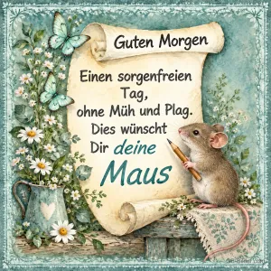 Maus mit Schriftrolle, Text: Guten Morgen