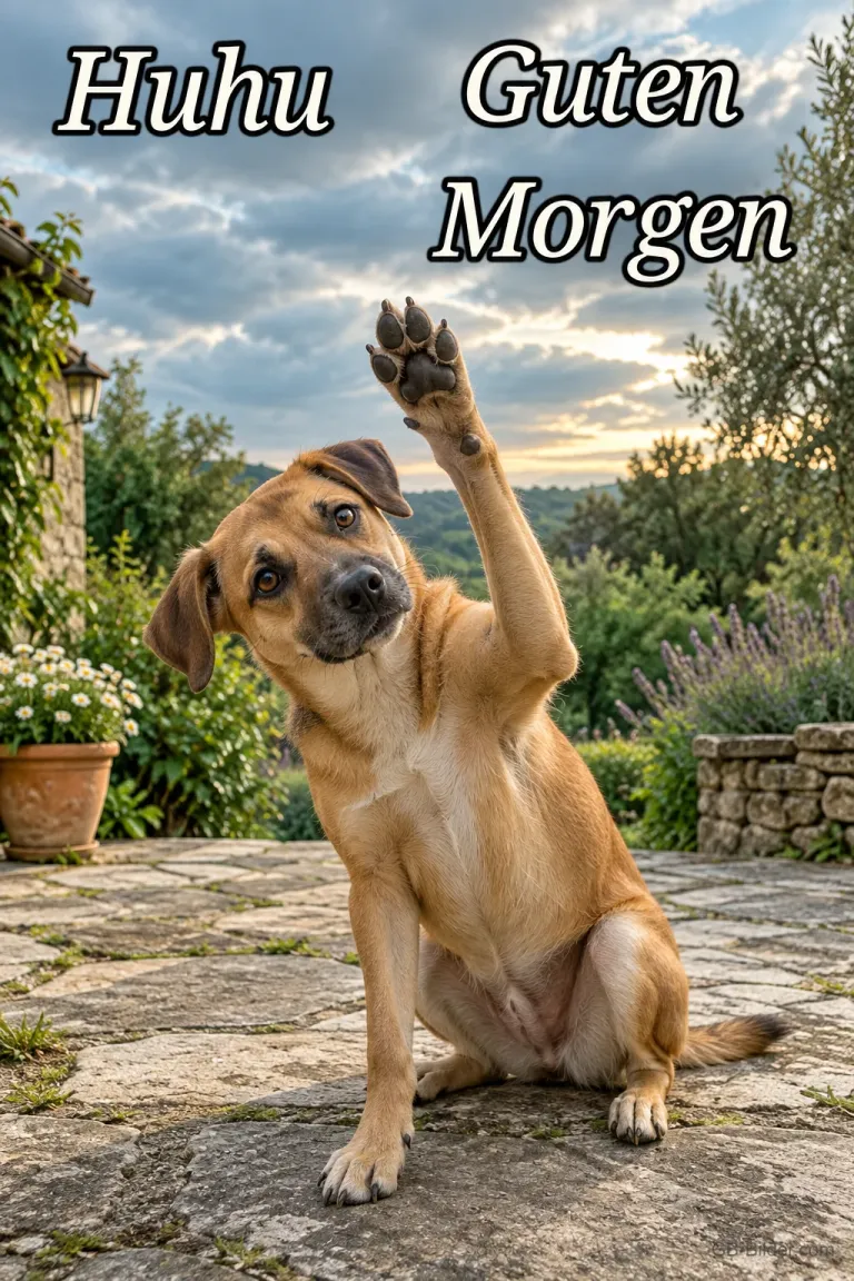 Winkender Hund, Text: Huhu Guten Morgen