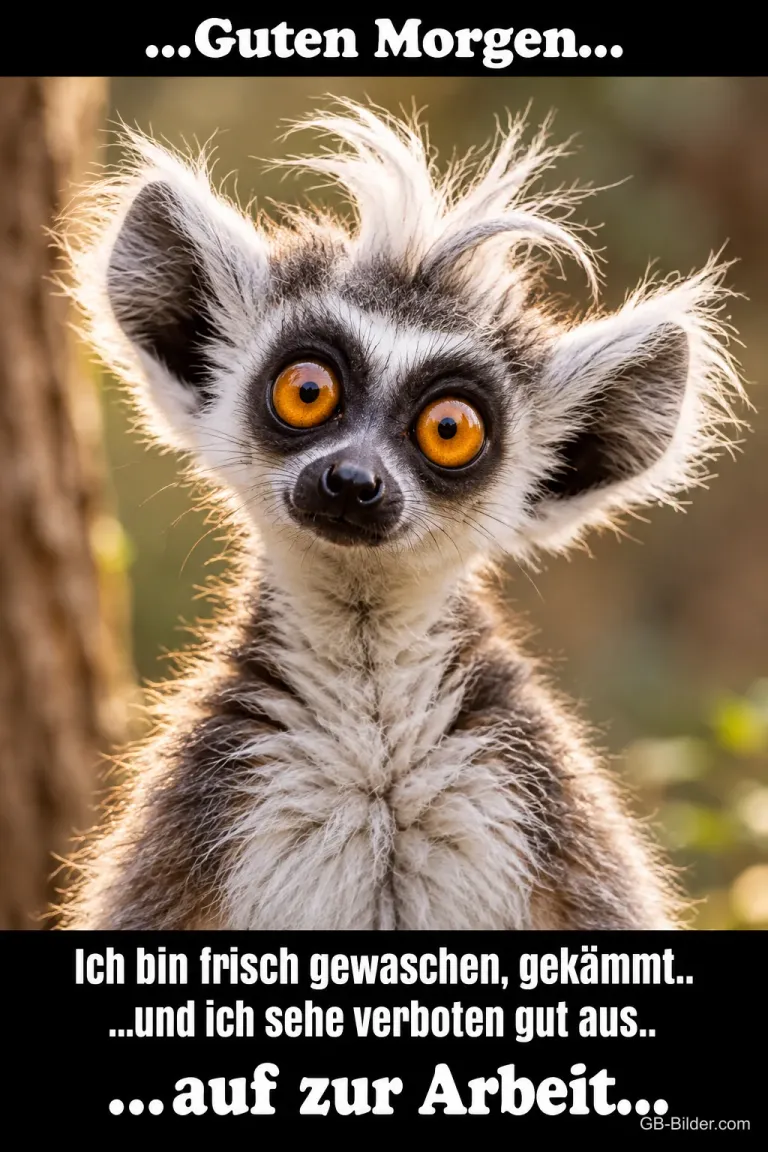 Katta mit wild abstehenden Haaren und großen orangen Augen, Text: ...Guten Morgen... Ich bin frisch gewaschen, gekämmt.. ...und ich sehe verboten gut aus.. ...auf zur Arbeit...