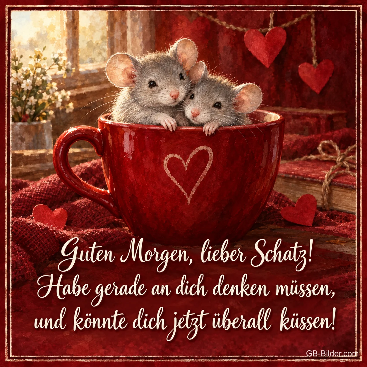 Mäuse in der Herztasse, Text: Guten Morgen, lieber Schatz