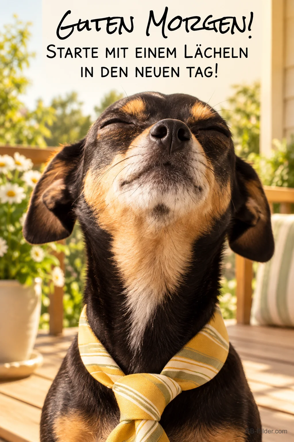 Kleiner Hund mit Krawatte schließt genießerisch die Augen auf der Terrasse, Text: Guten Morgen! Starte mit einem Lächeln in den neuen Tag!