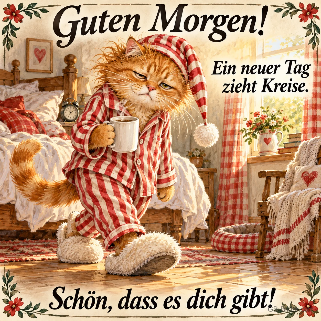 Roter Kater im gestreiften Schlafanzug schlurft mit Kaffeetasse durchs Schlafzimmer, Text: Guten Morgen! Ein neuer Tag zieht Kreise. Schön, dass es dich gibt! Roter Kater im gestreiften Schlafanzug schlurft mit Kaffeetasse durchs Schlafzimmer, Text: Guten Morgen! Ein neuer Tag zieht Kreise. Schön, dass es dich gibt!