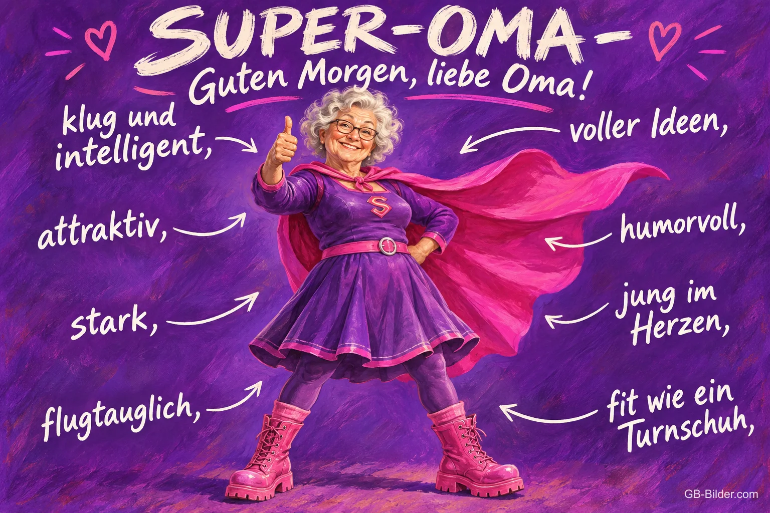 Ältere Frau mit Umhang und Stiefeln posiert wie eine Superheldin, Text: SUPER-OMA – Guten Morgen, liebe Oma! klug und intelligent, voller Ideen, attraktiv, humorvoll, stark, jung im Herzen, flugtauglich, fit wie ein Turnschuh